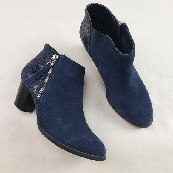 Vionic Anne Suede Ankle Boot Womens 7 Blue Heeled Snakeskin Side Zip Bootie - Picture 1 of 12